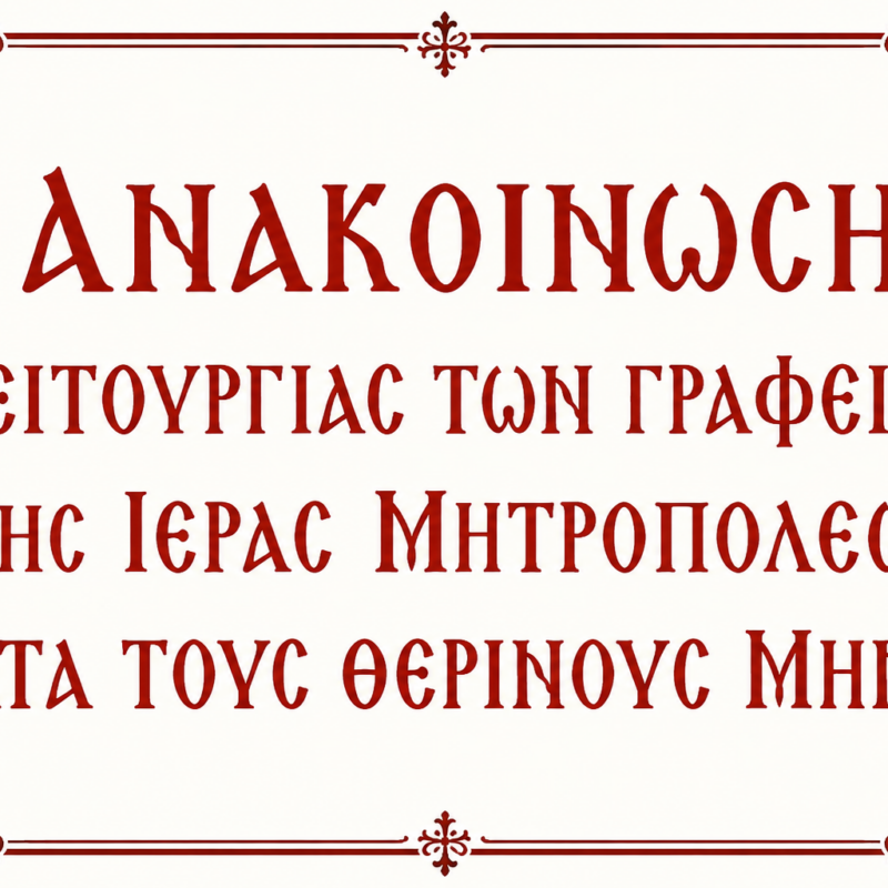 ΑΝΑΚΟΙΝΩΣΗ ΛΕΙΤΟΥΡΓΙΑΣ ΤΩΝ ΓΡΑΦΕΙΩΝ ΤΗΣ ΙΕΡΑΣ ΜΗΤΡΟΠΟΛΕΩΣ ΚΑΤΑ ΤΟΥΣ ΘΕΡΙΝΟΥΣ ΜΗΝΕΣ